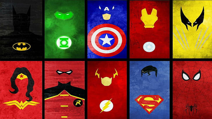 Süper kahramanlar kolaj, kahramanlar logosu, minimalist, 1920x1080, batman, demir adam, robin, yeşil fener, örümcek adam, kaptan amerika, wolverine, flaş, süpermen, merak kadın, HD masaüstü duvar kağıdı