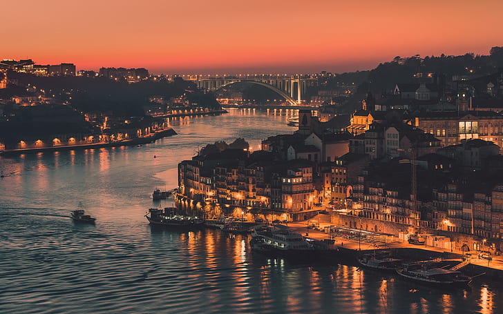 Portekiz, Porto şehri, akşam, ışıklar, nehir, köprü, binalar, Portekiz, Şehir, Porto, Akşam, ışıklar, nehir, köprü, Binalar, HD masaüstü duvar kağıdı