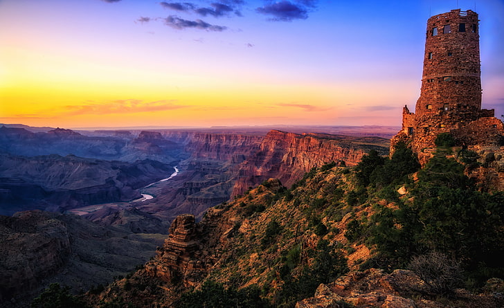 torre de concreto marrom, deserto, AZ, EUA, crepúsculo, rio Colorado, parque nacional Grand canyon, torre de vigia, HD papel de parede