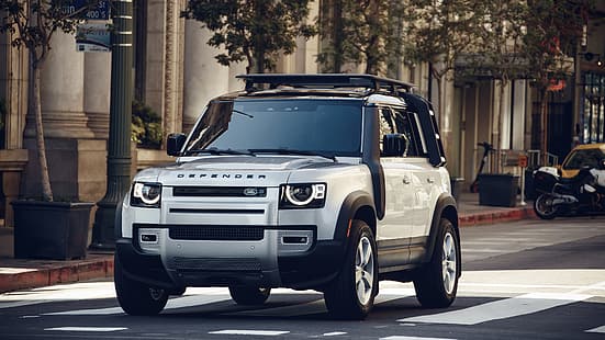 Land Rover, défenseur, voiture, véhicule, SUV, tout terrain, 4x4, rue, Fond d'écran HD HD wallpaper
