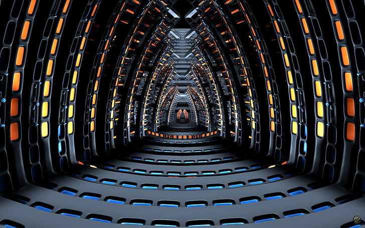 3d HD, black and orange tunnel, abstract, 3d, HD wallpaper