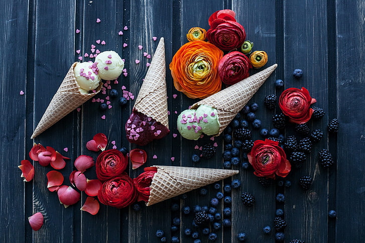 flores, sorvete, cone de waffle, HD papel de parede