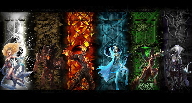 several character digital wallpaper, untitled, League of Legends, Janna (League of Legends), Brand lol, Ashe, Nidalee (League of Legends), Diana, hero, Malphite, HD wallpaper