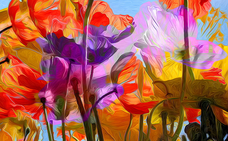 pintura de flores multicolores, línea, flores, renderizado, pintura, pétalos, tallo, Fondo de pantalla HD