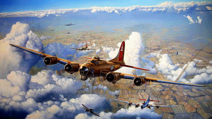 Bombing Run, brown 4 engine plane, wwii, flying, messerschmitt, me109, airplane, drawing, plane, boeing, b-17, bomber, HD wallpaper