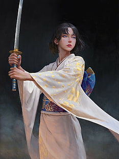karya seni, seni fantasi, gadis fantasi, wanita, pedang, katana, pakaian tradisional, rambut pendek, rambut gelap, mata biru, kimono, kimono Jepang, Wallpaper HD HD wallpaper