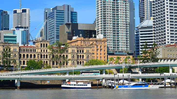 Cities, Brisbane, Australia, Boat, Building, City, Ferry, Freeway, Highway, Photography, Queensland, River, Road, Skyline, Wharf, HD wallpaper