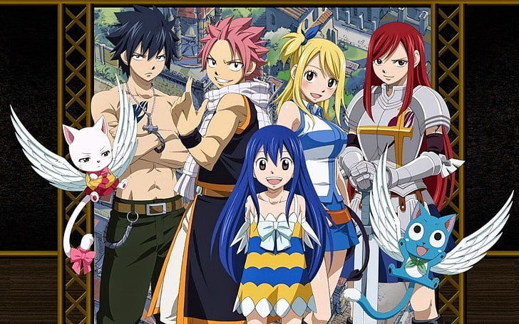 Fairy Tail characters illustration, Fairy Tail, Fullbuster Gray , Dragneel Natsu, Heartfilia Lucy , Scarlet Erza, Marvell Wendy, HD wallpaper