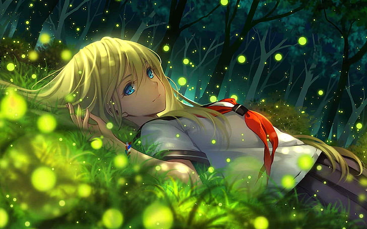 yellow haired woman on ground illustration, everlasting summer, girl, anime, grass, HD wallpaper