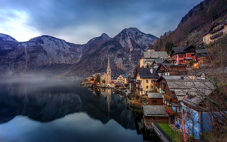 美しい町、ハルシュタット、オーストリア、アルプス、湖、山、家、夜明け、美しい、町、ハルシュタット、オーストリア、アルプス、湖、山、家、夜明け、 HDデスクトップの壁紙