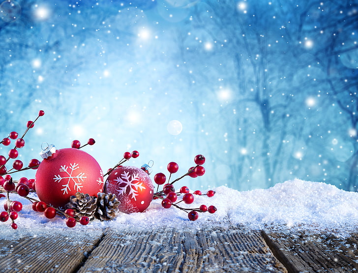 красная безделушка, зима, снег, деревья, снежинки, ветки, природа, блики, праздник, шарики, игрушки, ягода, красная, Новый год, шишки, боке, Рождество, HD обои