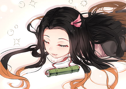 Kimetsu no Yaiba, Kamado Nezuko, schwarze Haare, lange Haare, Fang, japanische Kleidung, HD-Hintergrundbild HD wallpaper