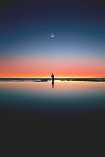 Луна, 4K, залез, силует, плаж, море, сам, хоризонт, HD тапет HD wallpaper