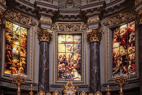 altar, arsitektur, seni, katedral, katolik, gereja, dekorasi, kaca, dalam ruangan, desain interior, agama, patung, gambar royalti, Wallpaper HD HD wallpaper