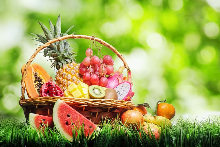 summer, grass, basket, Apple, watermelon, kiwi, grapes, pear, fruit, mango, pineapple, banana, blur, vitamins, garnet, papaya, Mandarin, pitaya, HD wallpaper