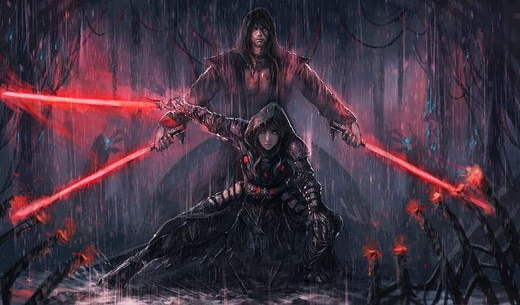 ragazza, pioggia, arte, guerre stellari, ragazzo, spada laser, The Sith Lords, Sfondo HD