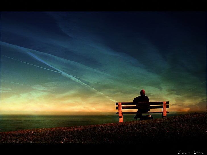 bench, sky, people, sea, HD wallpaper