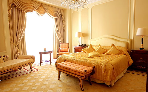 златни завеси, диван, дизайн, жълт, завеси, интериорен дизайн, апартамент, стая, стол, легло, лампи, възглавници, спалня, стил, HD тапет HD wallpaper