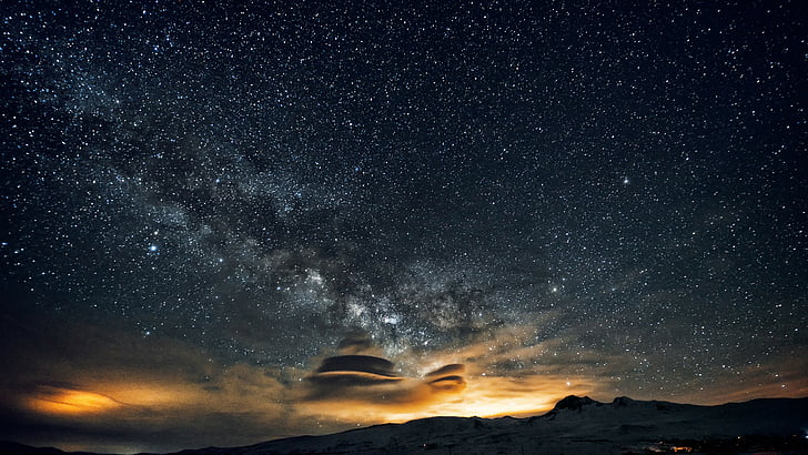 silueta de montañas durante la noche en fotografía de paisajes, Cielo nocturno, 5k, 4k fondos de pantalla, 8k, Estrellas, noche, montañas, nebulosa, Fondo de pantalla HD