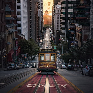 свет, машина, улица, дом, CA, Сан-Франциско, трамвай, США, HD обои HD wallpaper