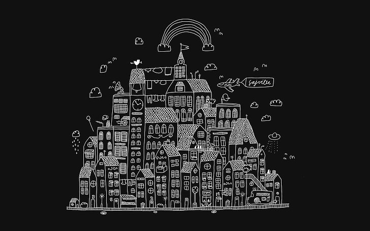 회색과 검은 색 클러스터 주택 스케치, 구름, 도시, 그림, UFO, 집, 무지개, 등고선, 원시, HD 배경 화면