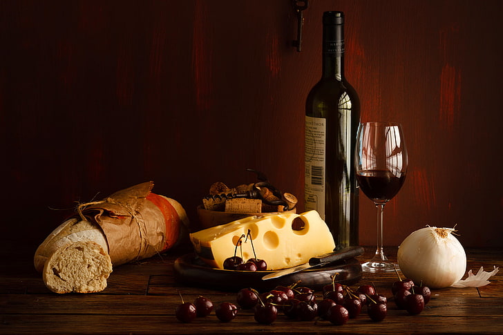 black wine glass bottle and wine glass, berries, wine, red, bottle, cheese, glasses, bread, cherry, baton, HD wallpaper