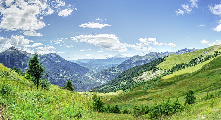 landscape photo of green grass field and trees with mountains under nimbus cloud during daytime, au, landscape, photo, green grass, grass field, trees, nimbus cloud, daytime, france, alpes, montagne, mountain, nature, travel, europe, light, sky, clouds, panorama, summer, outdoors, scenics, meadow, european Alps, mountain Peak, valley, hill, HD wallpaper