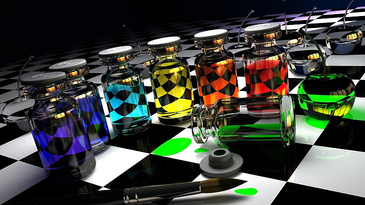 clear glass bottle lot, paintbrushes, paint can, checkered, colorful, digital art, HD wallpaper
