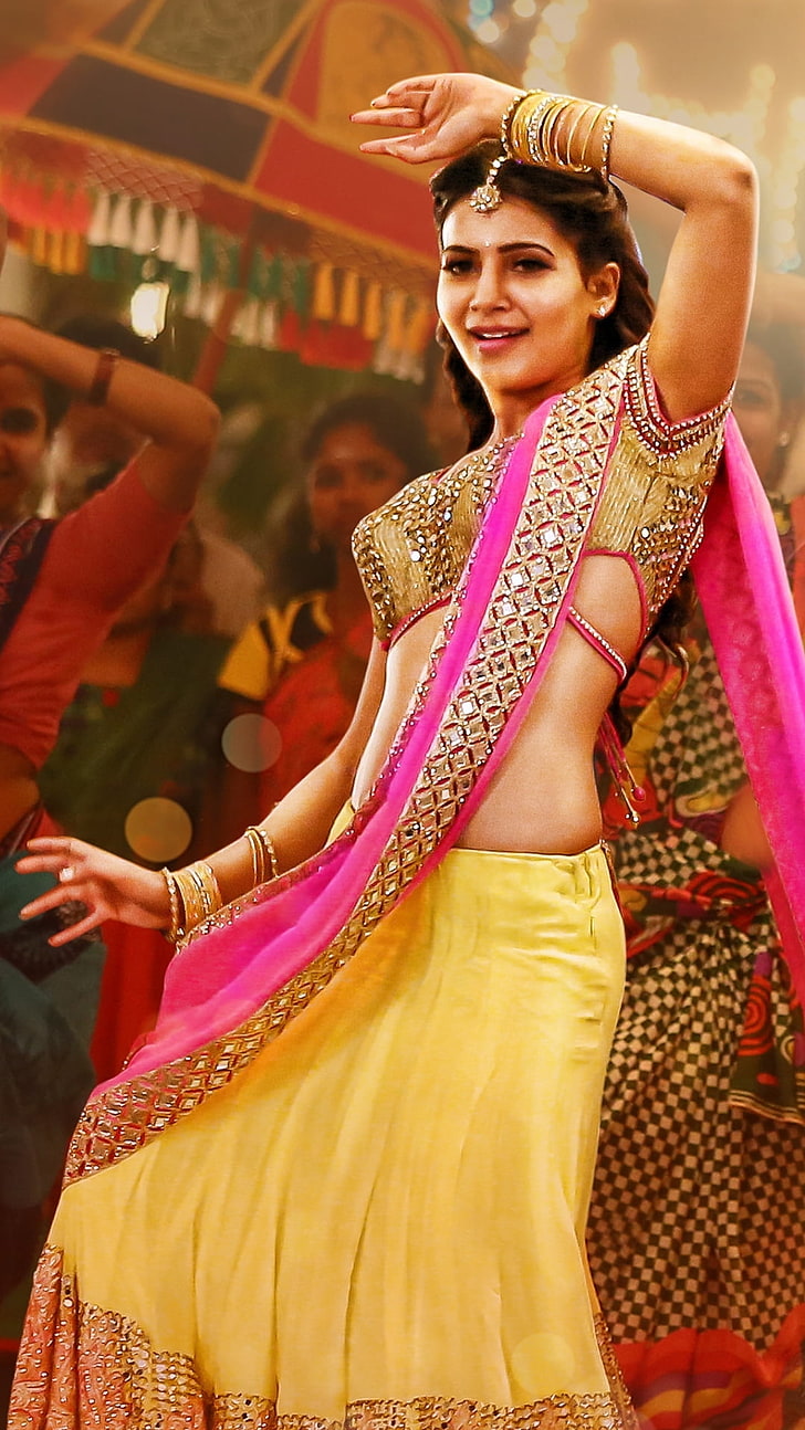 Samantha Ruth Prabhu 2015, abito sari giallo e rosa da donna, celebrità di Bollywood, celebrità femminili, bollywood, attrice, 2015, samantha ruth prabhu, Sfondo HD, sfondo telefono