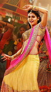 Samantha Ruth Prabhu 2015, abito sari giallo e rosa da donna, celebrità di Bollywood, celebrità femminili, bollywood, attrice, 2015, samantha ruth prabhu, Sfondo HD HD wallpaper