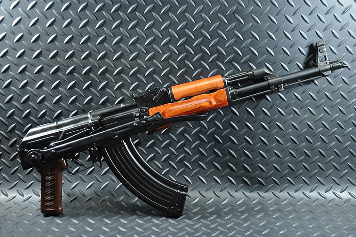 black and brown AK-47 rifle, background, machine, Kalashnikov, AKMS, HD wallpaper