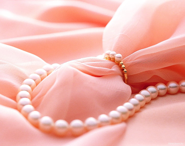 weiße Perlenkette, rosa, Stoff, Perle, Perlen, HD-Hintergrundbild
