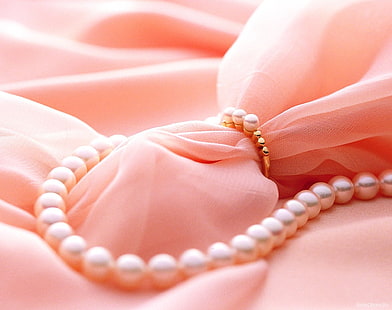 weiße Perlenkette, rosa, Stoff, Perle, Perlen, HD-Hintergrundbild HD wallpaper