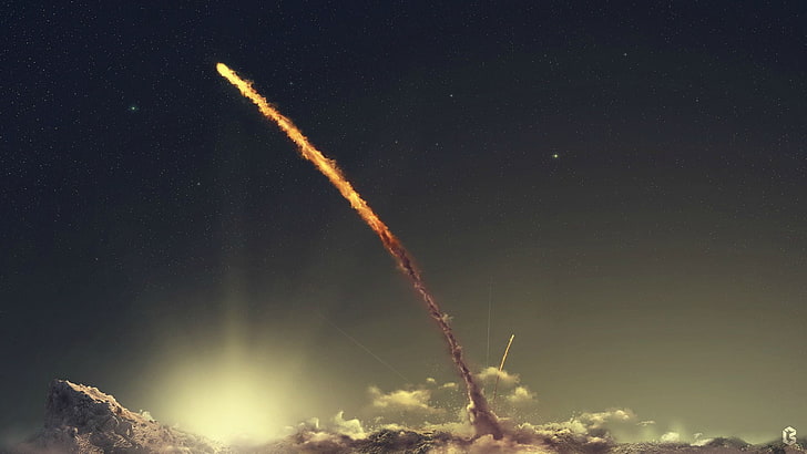 ilustracja meteoru, meteor nad zachmurzonym niebem, gwiazdy, gwiaździsta noc, sztuka cyfrowa, sztuka kosmiczna, przestrzeń kosmiczna, rakieta, niebo, Tapety HD