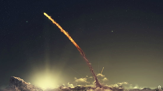 meteor illustration, meteor über bewölktem himmel, sternen, sternenklare nacht, digitale kunst, weltraumkunst, weltraum, rakete, himmel, HD-Hintergrundbild HD wallpaper