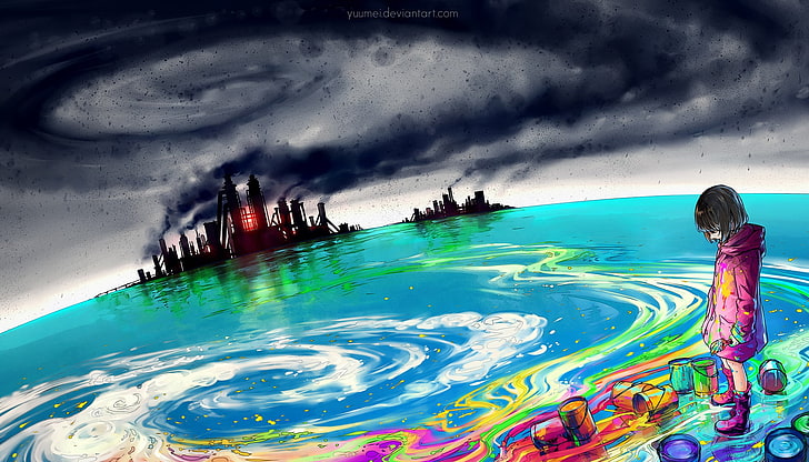 الرسم التجريدي الأزرق والأخضر ، الفن الرقمي الملون ، Yuumei ، البيئة ، التلوث، خلفية HD