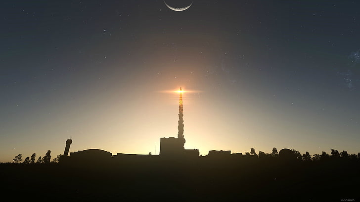 torre negra, programa espacial Kerbal, lanzamiento, estrellas, cohete, silueta, Fondo de pantalla HD