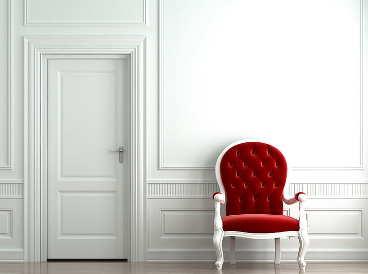 Czerwone krzesło HD Tapeta, biały drewniany, oprawiony w czerwony aksamit wyściełany fotel, architektura, krzesło, Tapety HD