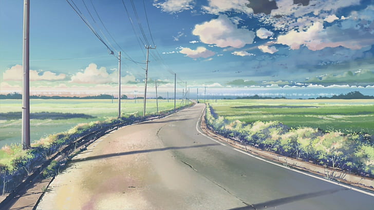 leere Straße zwischen normaler Feldtapete, Anime, Landschaft, HD-Hintergrundbild