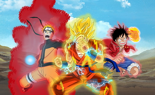 Videospiel, Sprungkraft, Anime, Dragon Ball Super, Goku, Affe D. Ruffy, Naruto Uzumaki, One Piece, Rasengan (Naruto), Super Saiyan 2, HD-Hintergrundbild HD wallpaper