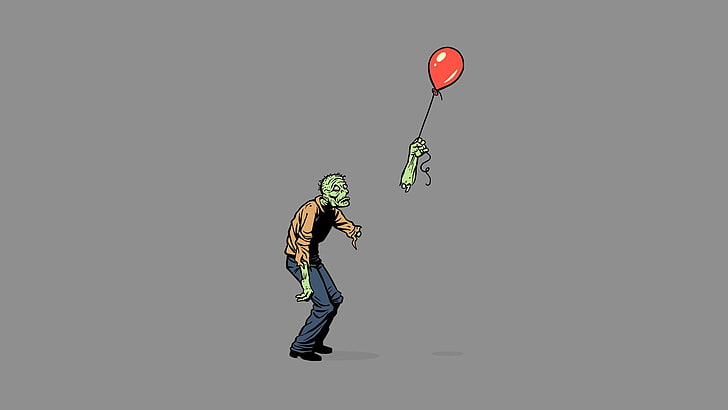 зомби, държащ балон цифрова илюстрация, просто, хумор, зомбита, тъмен хумор, HD тапет