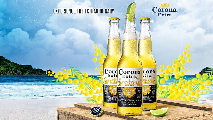 три бутылки Corona Extra, пиво, корона, пляж, HD обои