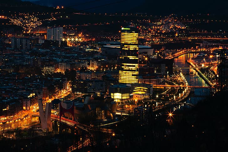 night, lights, Bilbao, Spain, Basque country, skyscraper, architecture, cityscape, river, HD wallpaper