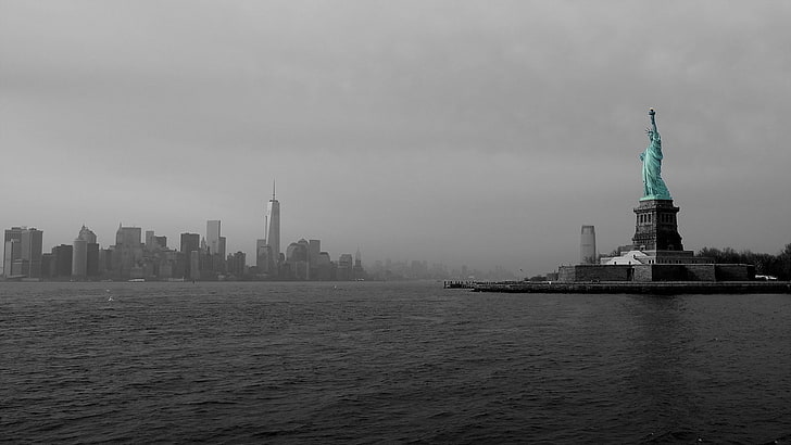 architecture, Bay, building, city, Cityscape, island, Manhattan, New York City, sea, Selective Coloring, Skyscraper, Statue Of Liberty, USA, HD wallpaper
