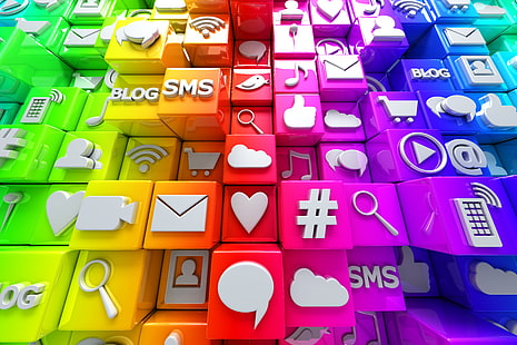 social media logo sfondo, cubi, colorato, Internet, icone, social network, media, social, Sfondo HD HD wallpaper