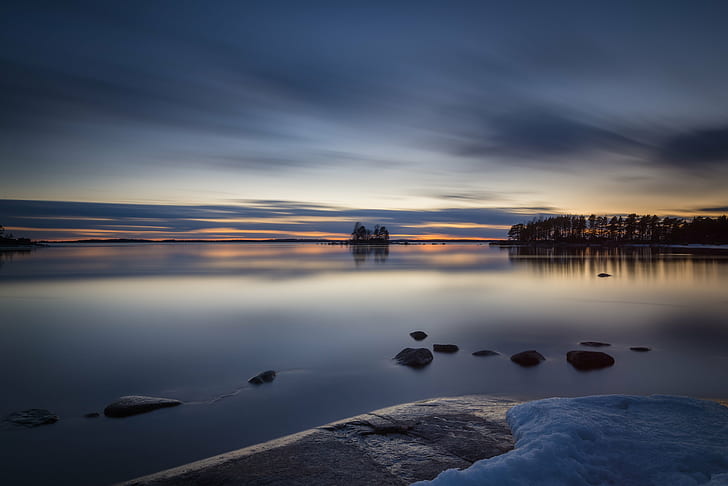calm body of water during sunset, Serene, calm, body of water, sunset, kotka, finland, night, evening, le, long exposure, clouds, outdoor, winter, spring, nature, reflection, water, lake, landscape, dusk, outdoors, sky, scenics, tranquil Scene, HD wallpaper