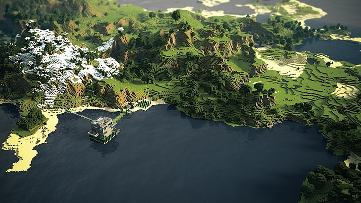 илюстрация на игрална карта, Minecraft, крайбрежие, планини, дървета, плаж, трева, визуализация, видео игри, HD тапет