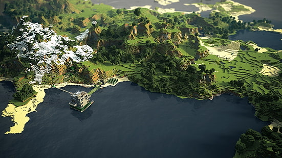 илюстрация на игрална карта, Minecraft, крайбрежие, планини, дървета, плаж, трева, визуализация, видео игри, HD тапет HD wallpaper