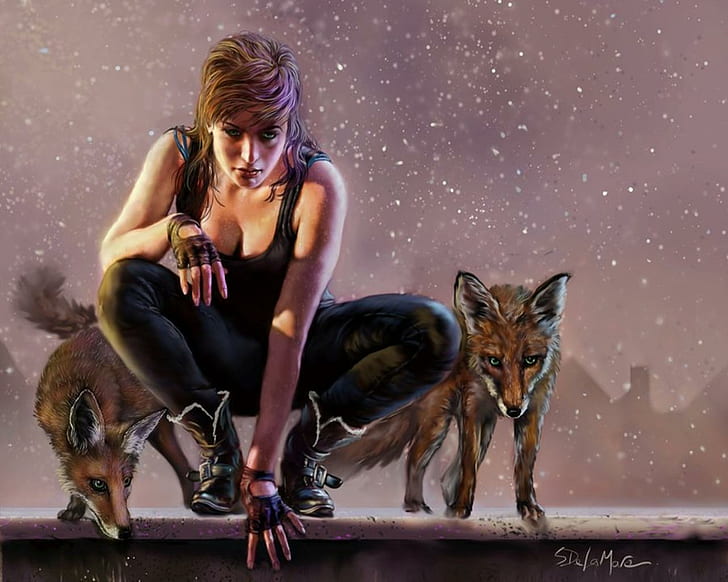 Women HD, illustration of woman with two foxes, artistic, women, HD wallpaper