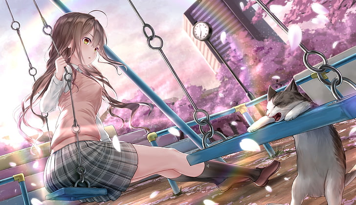 anime girl, funny cat, swing, cherry blossom, brown hair, school uniform, Anime, HD wallpaper